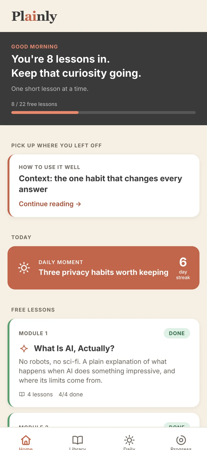The Plainly home screen